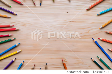 A vibrant collection of colored pencils is arranged in a neat circular pattern on a wooden desk, ideal for art, crafts, creativity, education, and stationery themed projects A vibrant collection of colored pencils is arranged in a neat circular pattern on a wooden desk, ideal for art, crafts, creativity, education, and stationery themed projects 123481402