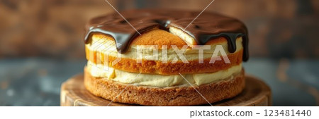 Delicious chocolate-topped cake displayed on a wooden pedestal in a cozy kitchen setting 123481440
