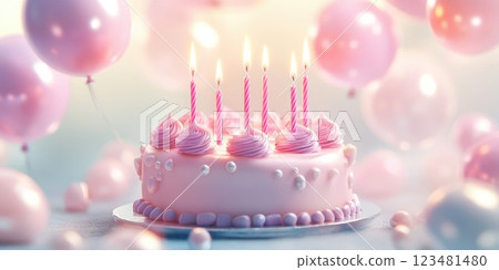 Celebratory pink cake with candles surrounded by balloons at a birthday party event Celebratory pink cake with candles surrounded by balloons at a birthday party event 123481480