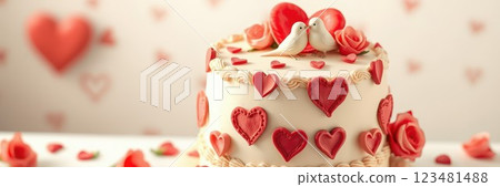 Delicious heart-themed cake decorated with roses and love birds for a romantic celebration 123481488