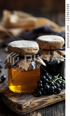 Rustic jars of homemade honey and black grape jam on a table create a cozy, artisanal, organic atmosphere for traditional culinary delights. The spread is gourmet, healthy, and delicious 123481489