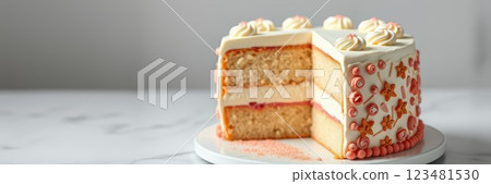 Delicious layered cake with intricate frosting design showcased on a marble countertop 123481530