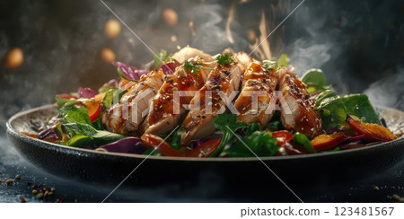 Grilled chicken served with fresh vegetables and smoky sauce in a vibrant culinary presentation 123481567