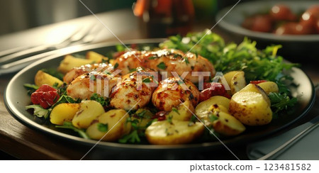 Grilled chicken with roasted potatoes and fresh greens served for a delightful dinner 123481582