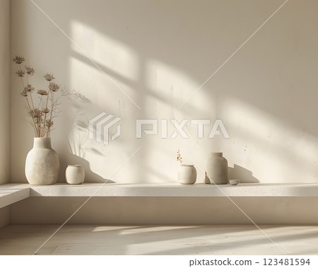 The room has a serene and minimalistic vibe with natural light, clay vases, dried flowers, creating a peaceful and artistic ambiance, ideal for those seeking a calm and sophisticated space The room has a serene and minimalistic vibe with natural light, clay vases, dried flowers, creating a peaceful and artistic ambiance, ideal for those seeking a calm and sophisticated space 123481594