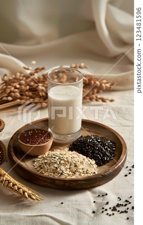 Displaying a wooden plate holding a glass of almond milk enhanced with chia, black sesame, and white sesame seeds as an organic superfood blend for a vegan and natural wellness choice Displaying a wooden plate holding a glass of almond milk enhanced with chia, black sesame, and white sesame seeds as an organic superfood blend for a vegan and natural wellness choice 123481596