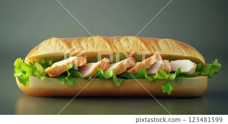 Freshly made sandwich with grilled chicken, crisp lettuce, and soft bread on a neutral background 123481599
