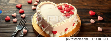 Heart-shaped cake decorated with colorful hearts on a wooden table for a special celebration 123481611