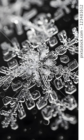 A closeup shows the intricate and symmetrical crystal structure of a snowflake, highlighting natures beauty in its geometric and detailed design. Its delicate patterns are truly amazing 123481612