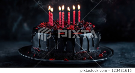 Celebration cake with black frosting and lit candles for a special occasion at night 123481615