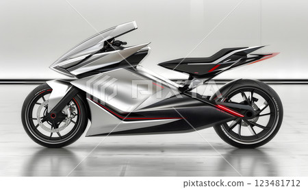 A sleek and innovative electric motorcycle is displayed in a modern, minimalist showroom. It features cuttingedge design and technology, turbocharging the bike for performance A sleek and innovative electric motorcycle is displayed in a modern, minimalist showroom. It features cuttingedge design and technology, turbocharging the bike for performance 123481712