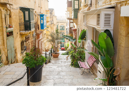 Typical maltese touristic street in the center of Valletta, Malta Typical maltese touristic street in the center of Valletta, Malta 123481722