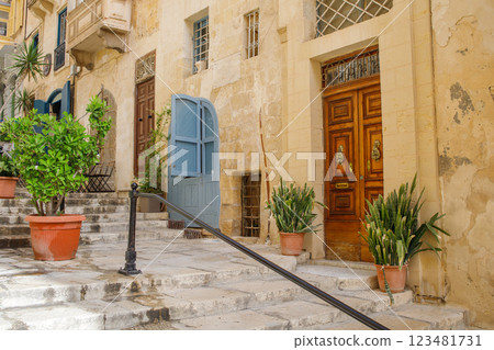 Empty touristic street with stairs in the center of Valletta, Malta Empty touristic street with stairs in the center of Valletta, Malta 123481731