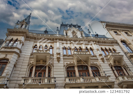 Building in neo-gothic architectural style in Bucharest old center, Romania. 123481792