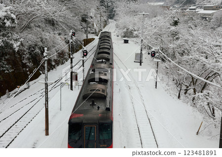Snow-covered Oboke Station Express train Snow-covered Oboke Station Express train 123481891