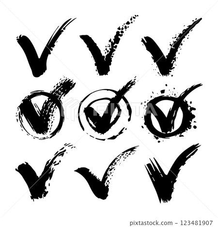 A textured set of grunge check marks with a raw and expressive aesthetic. Ideal for creative typography, posters, and branding. 123481907