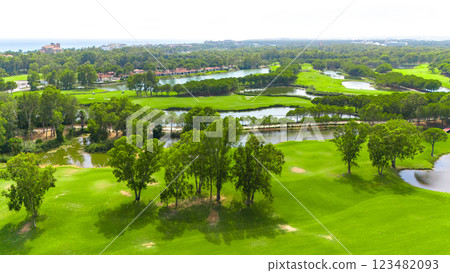 Panoramic view of a golf course with water features, sand traps, and distant cityscape Panoramic view of a golf course with water features, sand traps, and distant cityscape 123482093