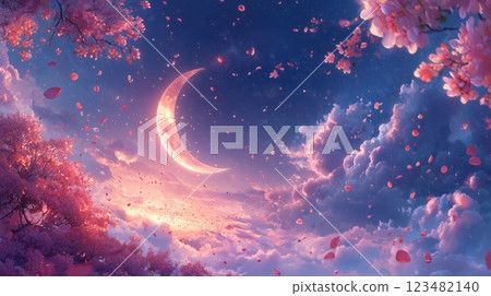 A romantic night sky with fantastic cherry blossoms and a shining crescent moon 123482140