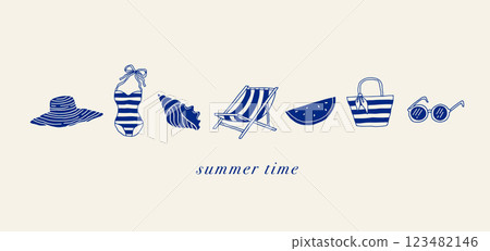 Hand drawn sea, ocean, seashell, beach, swimsuit, beach chair, watermelon and sunglasses Hand drawn sea, ocean, seashell, beach, swimsuit, beach chair, watermelon and sunglasses 123482146