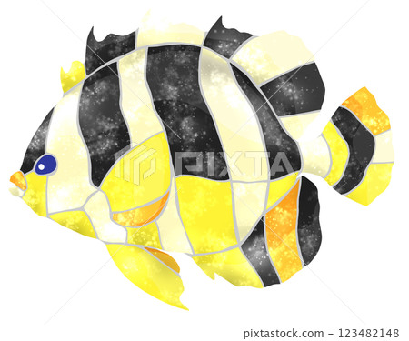 觀賞魚－神仙魚的可愛馬賽克風格剪紙插圖 123482148