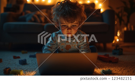 一個溫暖的室內場景：一個幼兒正在看筆記型電腦 123482151
