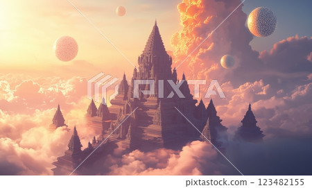 A mystical landscape with a fantastic temple floating above the clouds 123482155