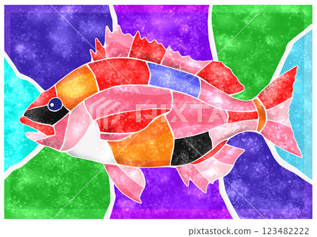 Cute tile art of saltwater fish, Thai style, cutout illustration, background included 123482222