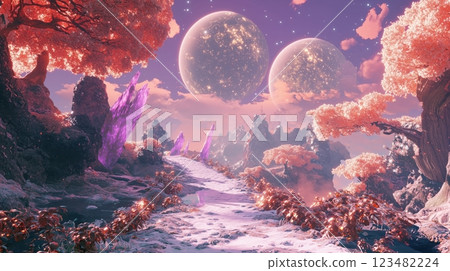 A fantastical otherworld with two moons and shining crystals. 123482224