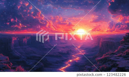 A fantastic valley landscape illuminated by a purple sunset A fantastic valley landscape illuminated by a purple sunset 123482226