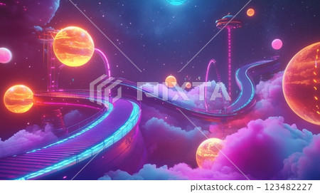 未來派遊樂園和漂浮在太空中的奇妙行星風景 未來派遊樂園和漂浮在太空中的奇妙行星風景 123482227