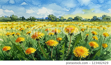Spring is in full bloom! Panoramic watercolor landscape of a dandelion field Spring is in full bloom! Panoramic watercolor landscape of a dandelion field 123482429