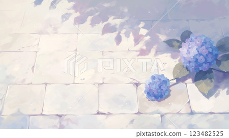 安靜的雨天和繡球花小徑 | 柔和色彩的插圖 123482525