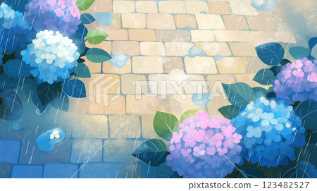 繡球花葉上閃閃發光的水滴 | 雨天的溫柔彩色插畫 123482527