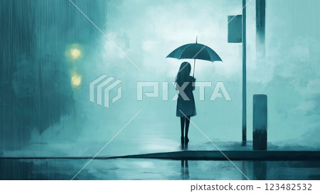A girl stands quietly in a rainy town enveloped in a pale light 123482532