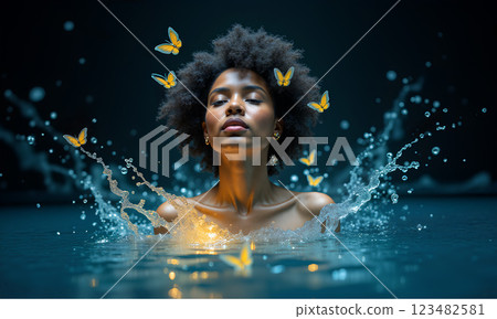 Woman in water surrounded by butterflies creates a serene moment in dark surroundings 123482581