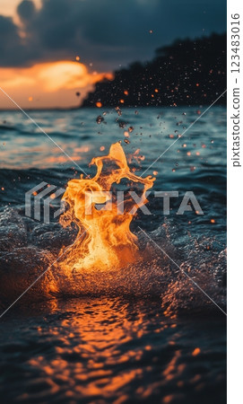 A campfire on the seashore burns in the water. Photo at sunset. 123483016