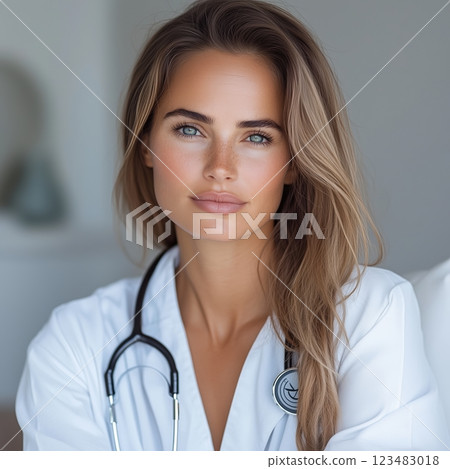 Portrait of a young beautiful doctor in a white coat standing in the premises of a modern hospital. 123483018