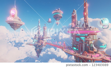 Fantastic aerial structure of a neon-lit future city Fantastic aerial structure of a neon-lit future city 123483089