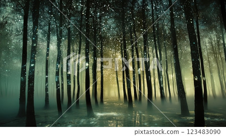 A mysterious forest with fantastical lights flickering 123483090
