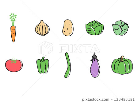 Illustration material: Simple vegetable icon, line drawing illustration set (color) 123483181