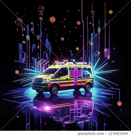 Ambulance with flashing lights.  yellow ambulance minibus with matching paint and flashing lights.  123483204
