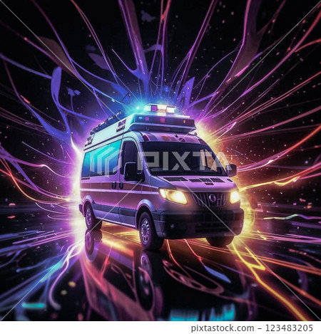 Ambulance with flashing lights.  White ambulance minibus with matching paint and flashing lights.  123483205