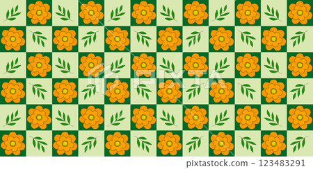 Orange meadow flowers and green branches, seamless pattern, checked light green and green, vector 123483291
