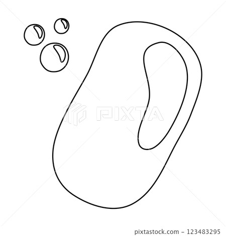 Piece of solid hand cleaning soap bar with bubbles, doodle style vector outline for coloring book 123483295