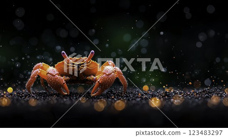 Captivating Macro Shot of a Crab Scuttling Across Wet Sand at Twilight Captivating Macro Shot of a Crab Scuttling Across Wet Sand at Twilight 123483297