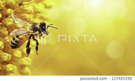 Macro Shot of Honeybee Collecting Nectar from Vibrant Yellow Flowers Macro Shot of Honeybee Collecting Nectar from Vibrant Yellow Flowers 123483298