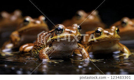 Mass of Frogs Crossing a Flooded Meadow Navigating Through Water 123483301