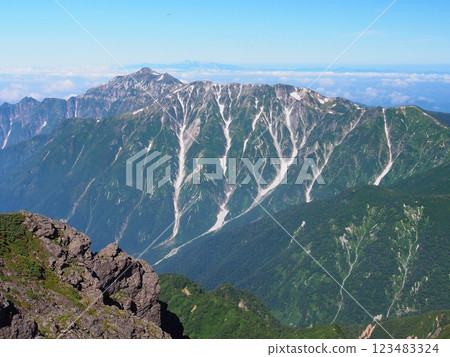 Mt. Kasagatake in summer as seen from Mt. Yari Mt. Kasagatake in summer as seen from Mt. Yari 123483324