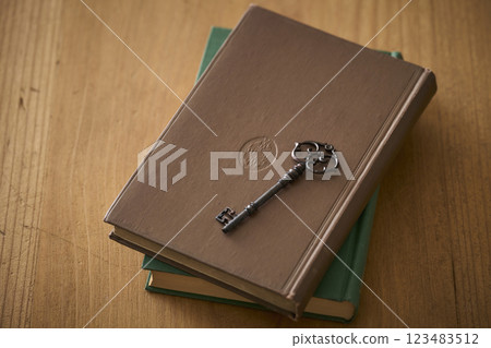 Antique key on top of an old book 123483512