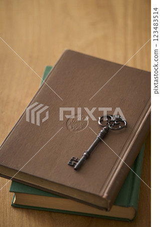 Antique key on top of an old book Antique key on top of an old book 123483514